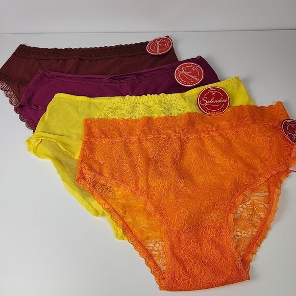 4 Splendies Bikini Brief Womens 1X Underwear Panties Sheer Lace Cotton Mix NWT - Picture 1 of 16